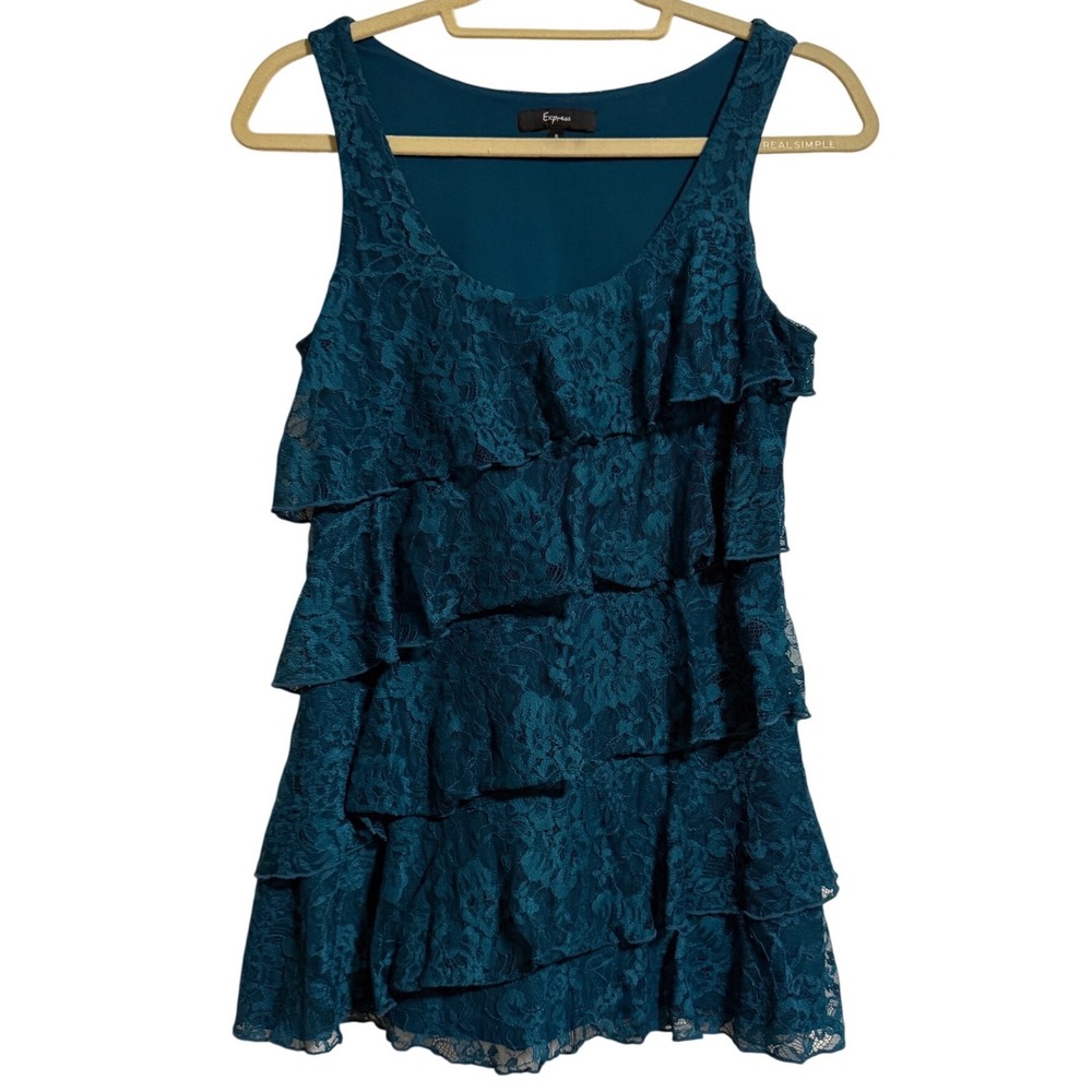 Express Womens Teal Floral Lace Tiered Ruffle Sleeveless Scoop Neck Top‎ Small